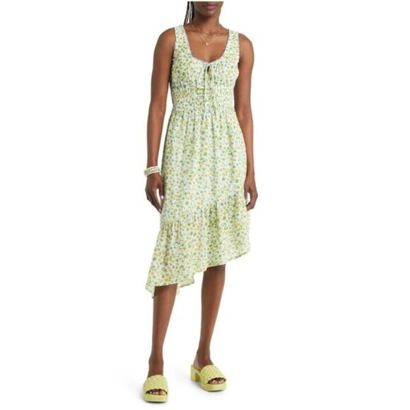 BP. Light Blue And Yellow Floral Print Asymmetrical Hem Summer Dress P3851 - Picture 1 of 8